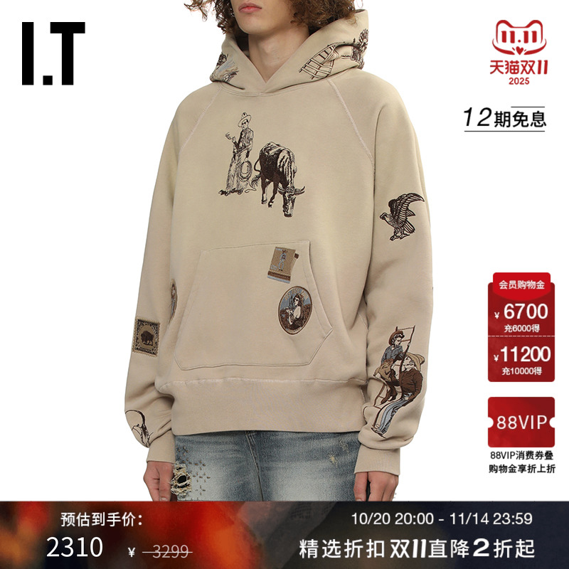 IT samuel zelig男装宽松连帽卫衣新款文艺复古风图案线绣连帽衫