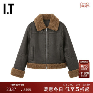 IT STAND STUDIO女装仿皮毛一体夹克新款酷感时髦皮革感拉链外套