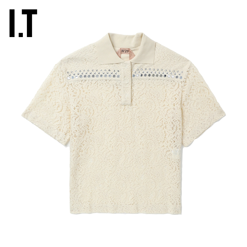 翻领上衣时尚铆钉蕾丝半袖