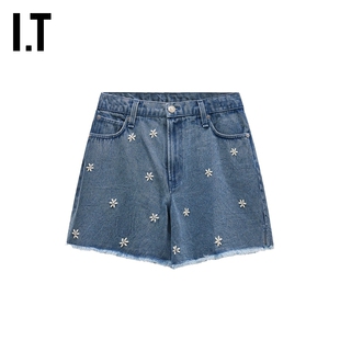 IT rag & bone女装毛边牛仔短裤新款青春少女立体花朵装饰直筒裤