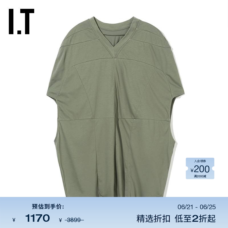 IT Rick Owens女装V领廓形T恤新品时尚宽松中长款拼接上衣20101AB