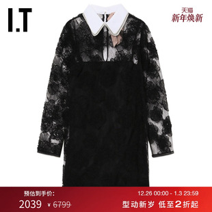 连衣裙新款 翻领九分袖 优雅气质蕾丝刺绣微透短裙034C0H N21女装