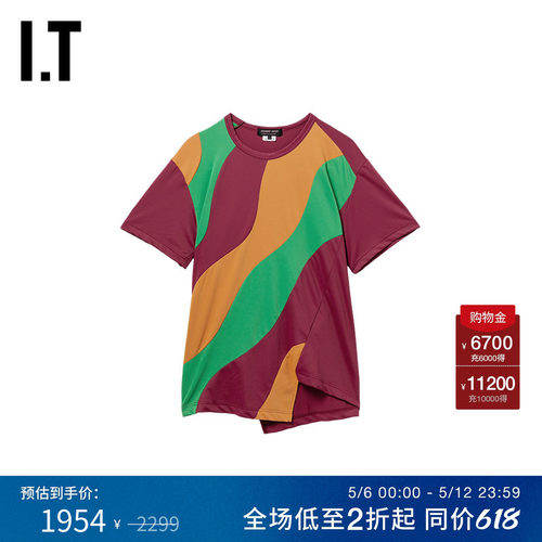IT不对称拼色拼接短袖T恤