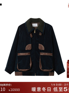 IT kolor男装灯芯绒夹克新款复古气质皮质拼接拉链外套G04103MP