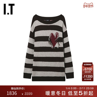 IT We11Done女装中长款条纹针织衫新款随性慵懒宽松大圆领长毛衣