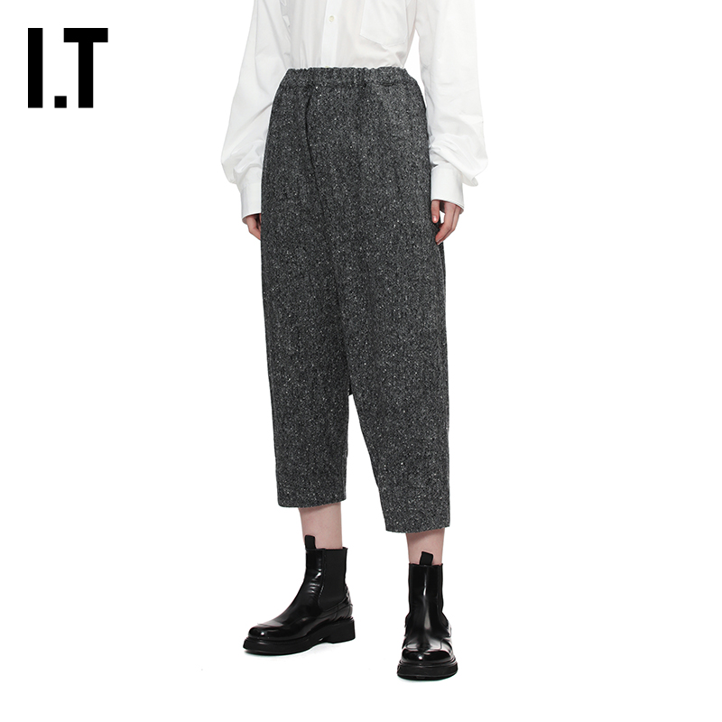 IT宽松落裆毛呢露踝裤