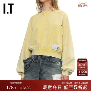 IT Mihara Yasuhiro女装圆领卫衣新款活力街潮破洞做旧磨白短上衣