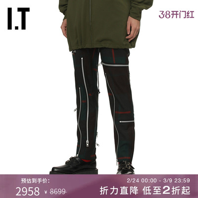 IT拉链装饰合身格纹长裤