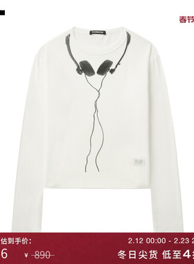 IT GROUNDZERO女装修身长袖T恤圆领新款辣妹耳机印花上衣TE0060