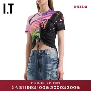IT Andersson Bell女装合身短袖上衣新款抽绳缩褶短T恤1469WMXQ