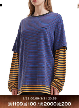 IT We11Done女装假两件条纹长袖T恤新款活力时尚叠层拼接宽松上衣