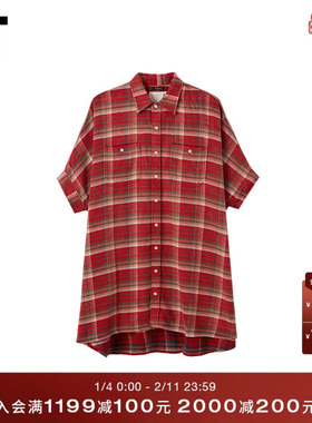 IT R13女装衬衫式短袖连衣裙新款复古文艺风格纹衬衫裙R13WR0XQ