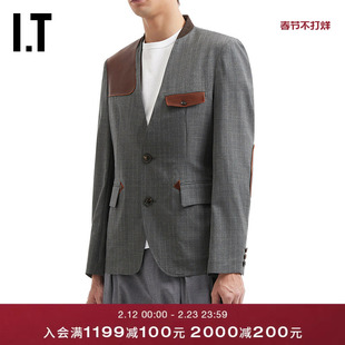 IT KHOKI男装无领条纹西装夹克新款复古通勤皮质拼接外套SSJK01MQ