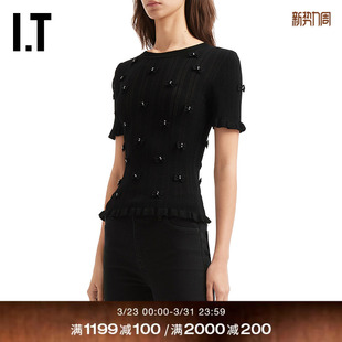 SEA女装 优雅时尚 圆领修身 上衣新款 蝴蝶结缀饰镂空针织上衣 短袖