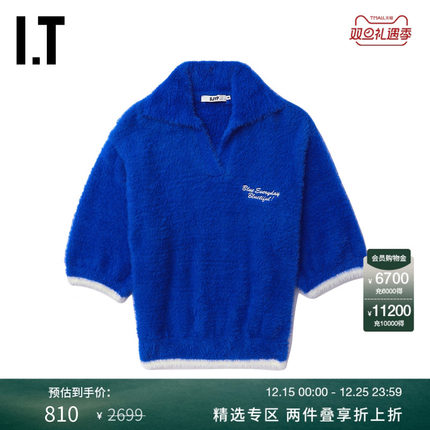 IT SJYP女装翻领半袖针织衫新款时尚靓丽软糯毛绒薄毛衣TO0400XL