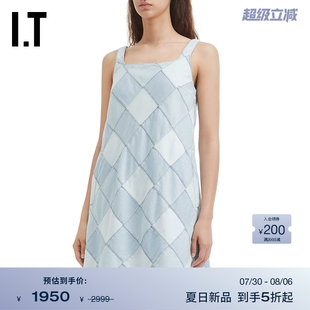 甜美辣妹毛边露背吊带短裙 SJYP女装 菱格纹吊带牛仔连衣裙新款