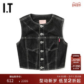 BAPY女装 短款 合身牛仔马甲新款 时尚 甜酷露脐排扣背心VT7300AO