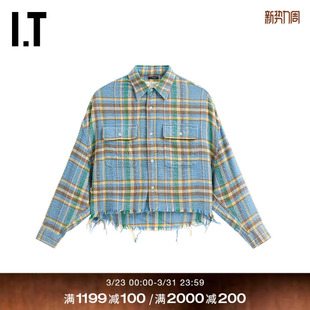 新款 衬衫 毛边格纹长袖 休闲复古翻领格子短上衣R13W72XQ R13女装