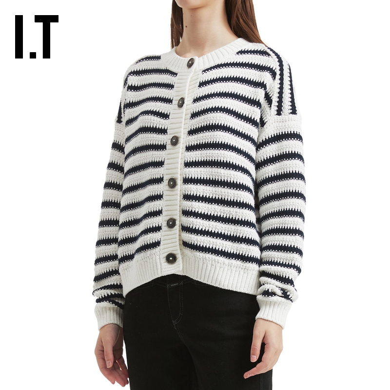 ITCLOSED圆领条纹针织开衫