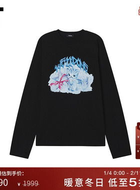 IT We11Done女装廓形长袖T恤新款复古可爱猫咪图案装饰圆领长上衣