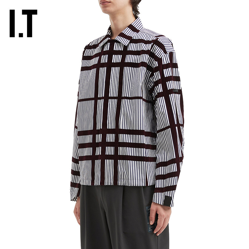 IT N.HOOLYWOOD男装竖条纹衬衫新款复古设计感植绒线条装饰衬衣