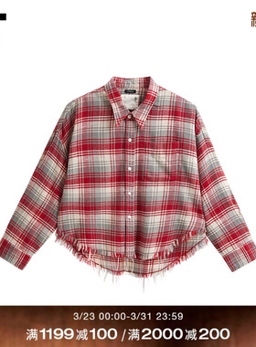 IT R13女装毛边格纹长袖衬衫新款复古文艺翻领格子短上衣R13WR1XQ