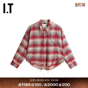 新款 衬衫 毛边格纹长袖 复古文艺翻领格子短上衣R13WR1XQ R13女装