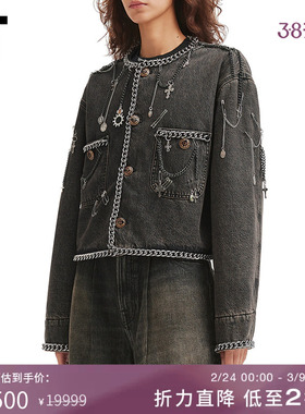 IT R13女装圆领牛仔夹克新款甜酷时髦链条缀饰水洗外套WD063DXP