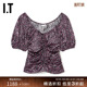 时尚 上衣新品 泡泡袖 气质抽绳抽褶碎花上衣80310XL GANNI女装