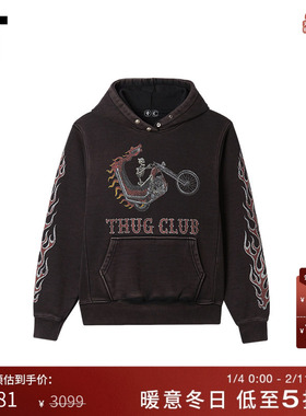 IT THUG CLUB男装做旧连帽卫衣新款暗黑潮男火焰图案印花连帽衫