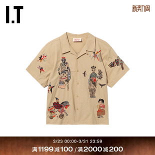 samuel 新款 zelig男装 衬衫 复古文艺风图案绣线上衣 翻领短袖