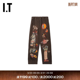 samuel 复古文艺风图案绣线直筒裤 zelig男装 新款 宽松休闲长裤