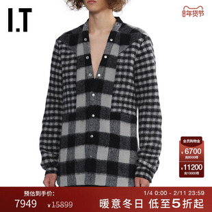 IT Rick Owens男装无领格纹羊毛呢衬衫新款复古质感拼接格子上衣