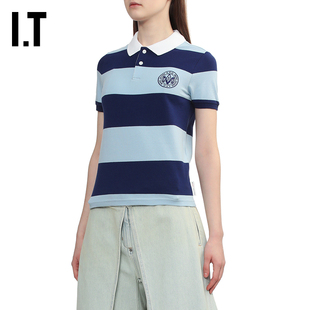 IT A.P.C.女装短袖条纹polo衫新款清爽活力合身翻领上衣F26551XP