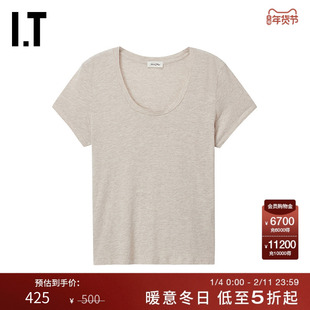 IT American Vintage女装大圆领短袖T恤新款随性简约纯色内搭上衣