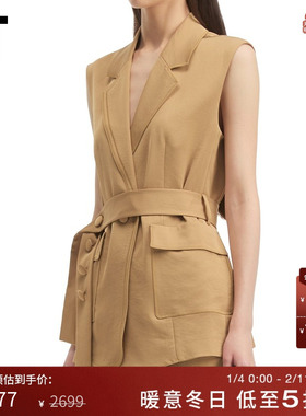 IT PortsPURE女装宽松翻领马甲新款饰腰带中长款无袖上衣RQ7J02XP