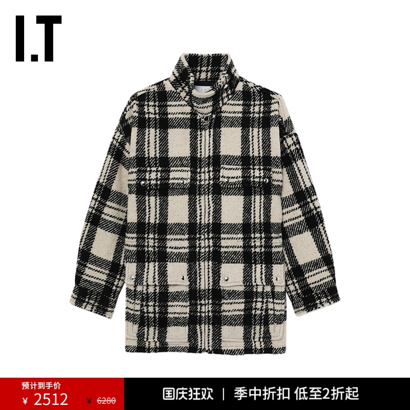 ITIRO立领格纹毛呢夹克