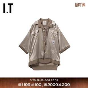 Mihara 新款 Yasuhiro男装 衬衫 假两件叠层格纹拼接宽松上衣 短袖