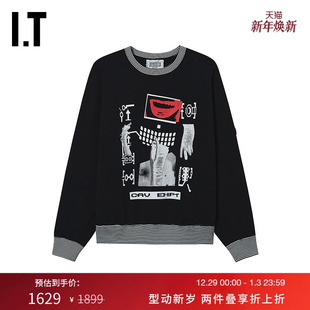 潮酷暗黑条纹拼接套头衫 宽松圆领卫衣新款 上衣28CS04MP C.E男装