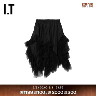 半身裙新款 ninomiya女装 kei 网纱拼接不规则半裙3QS007XQ noir