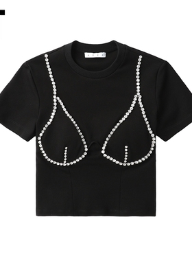 IT Area Nyc女装合身短款短袖T恤新款甜酷辣妹风水钻缀饰T15184XL