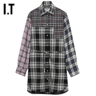 复古时髦拼色拼接系带衬衫 格纹连衣裙新款 长袖 裙03609 MSGM女装