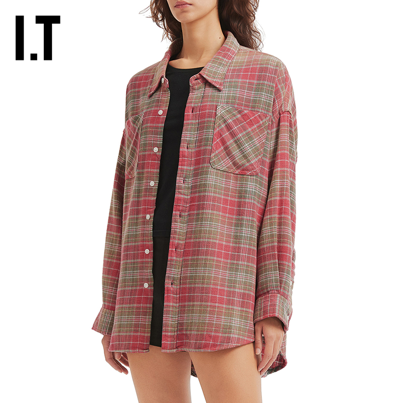 ITR13宽松长袖格纹衬衫复古随性