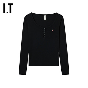 IT WITTH LOVE女装大圆领长袖T恤新款简约气质亨利领打底衫1024XW