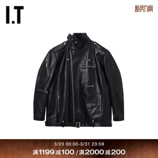 宽松拉链皮衣新款 Owens男装 斜拉链皮夹克机车外套773LGB Rick