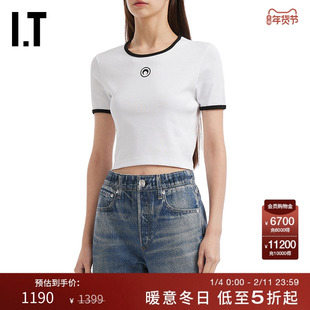 IT MARINE SERRE女装露脐短袖T恤新款青春时尚新月刺绣合身短上衣
