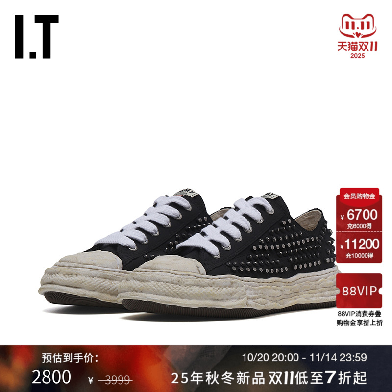 IT Mihara Yasuhiro男款做旧运动鞋新款潮酷有型饰铆钉厚底帆布鞋