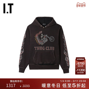 IT THUG CLUB男装做旧连帽卫衣新款暗黑潮男火焰图案印花连帽衫