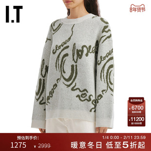 IT CLOSED女装宽松圆领针织衫新款时尚气质手写字母图案拼色毛衣