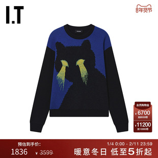 IT We11Done女装圆领针织衫新款时尚趣致猫咪图案装饰羊毛衫毛衣